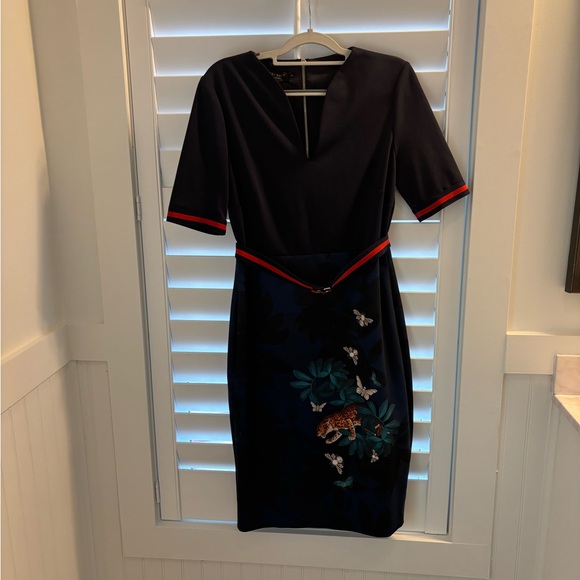 Ted Baker London Navy Floral Midi Dress Size 3 - Picture 5 of 6
